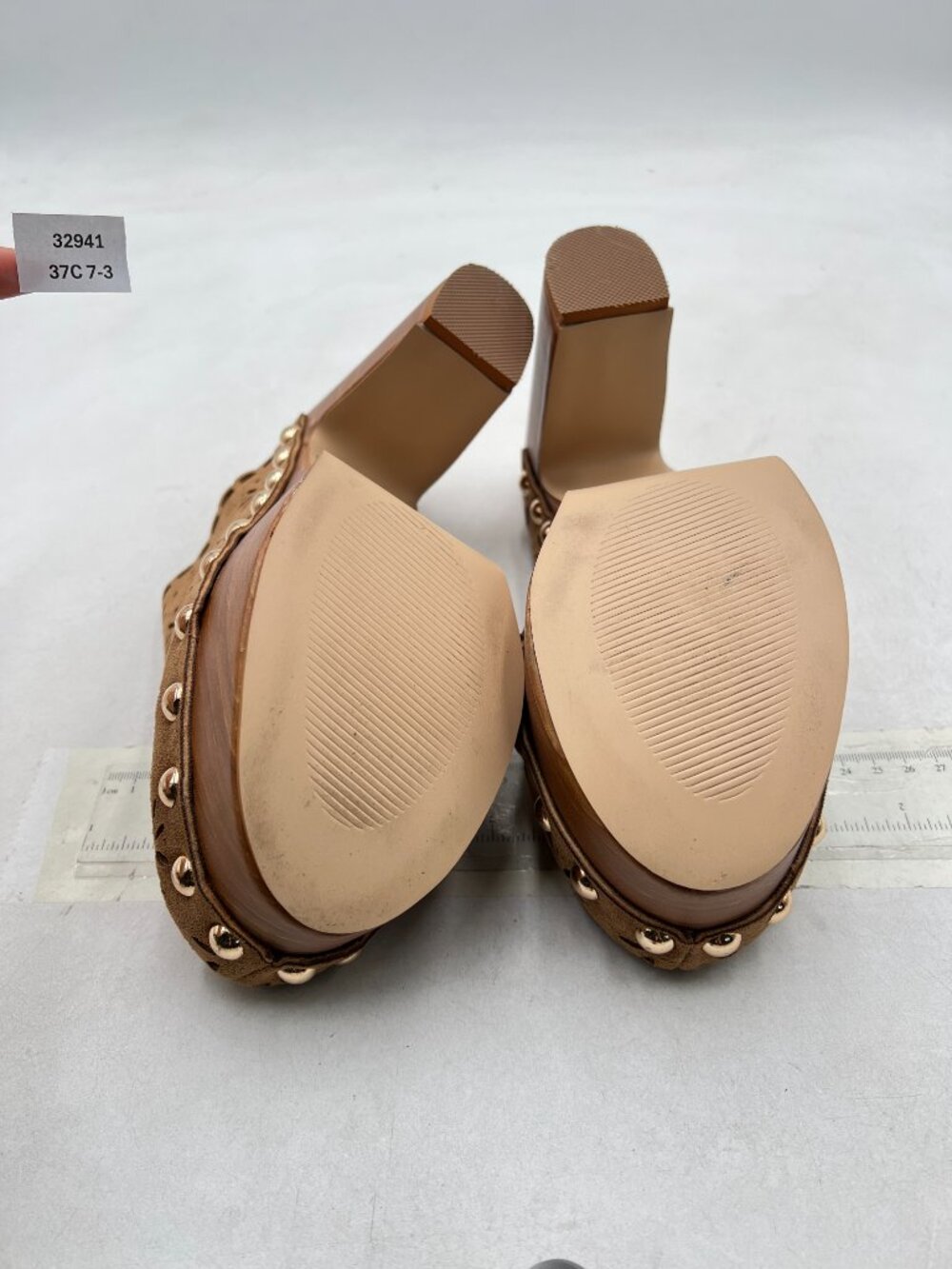FOWT Tan Studded Closed Toe Floral Cut Out Platform Chunky Super High Heel Mules - Picture 7 of 8